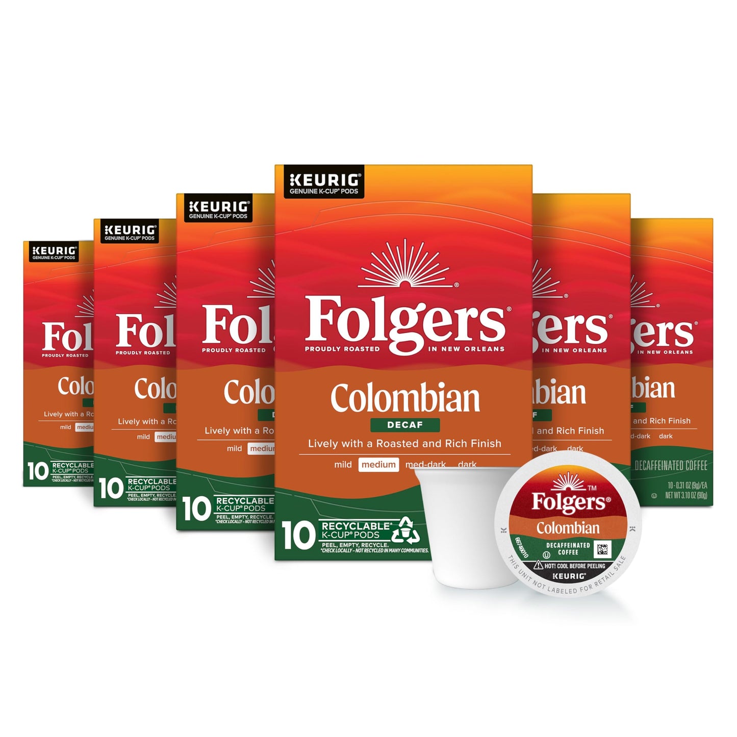 Folgers Colombian Decaf Coffee Medium Roast Keurig K-Cup pods 10 Count Box (Pack of 6)