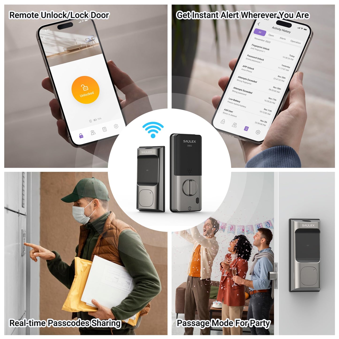 Saulex DB02 WiFi Smart Lock with Fingerprint (No Gateway Required),5-in-1 Keyless Entry Front Deadbolt, App Remote Control, Easy Installation,Auto-Lock.