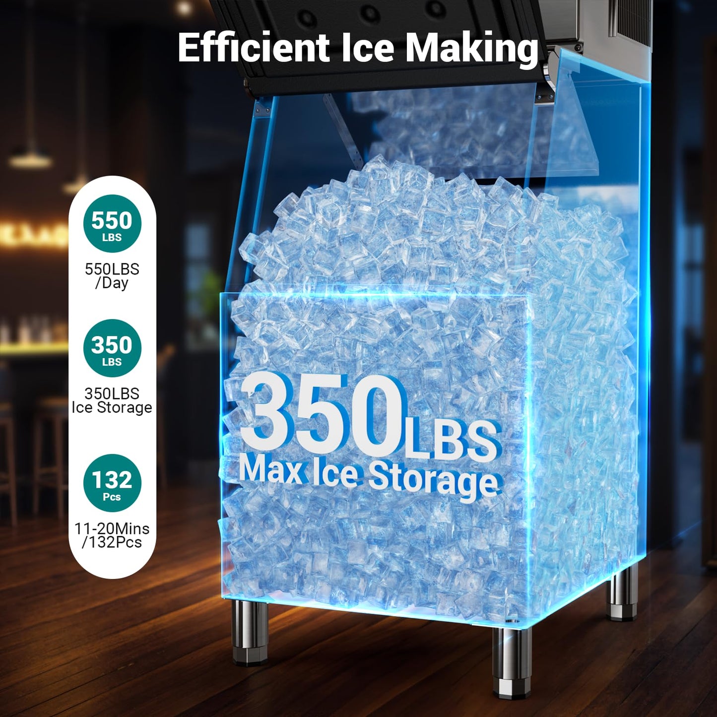 Commercial Ice Maker Machine 550LBS/24H, 30 Adjustable Ice Thicknesses, Industrial Ice Machine with 350lbs Storage Bin, 5-15 Minutes Fast Ice Making, Cube Ice Maker for Commercial & Home