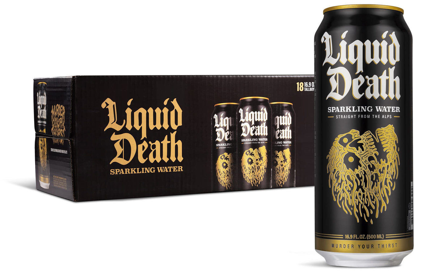 Liquid Death Sparkling Mountain Water, 18-Pack of 16.9oz Cans, Natural Minerals & Electrolytes, Real Mountain Source