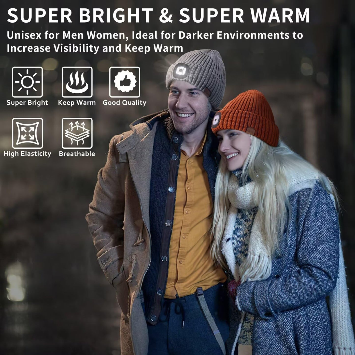 Beanie With Light For Men 2 Pack Hat With Light Built In Rechargeable Winter Warm Knitted Headlamp Caps Gift For Men Dads Husband Led Beanie Hats With Light(Black&Dark Orange)