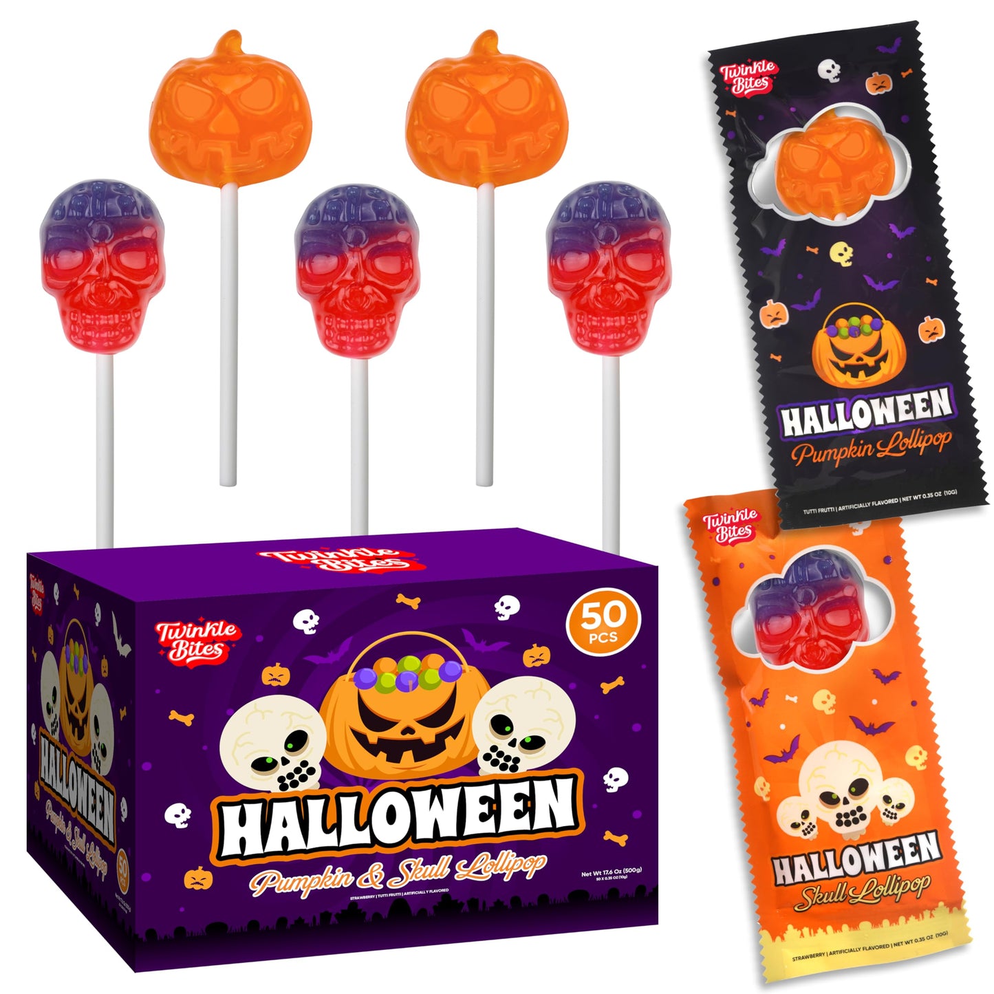 50 Pack Halloween Lollipops - Individually Wrapped Pumpkin And Skull Suckers - Strawberry And Tutti Frutti Delicious Candys - Bulk Candys Great Use For Kids Party Favor Classrooms Goodie Bags