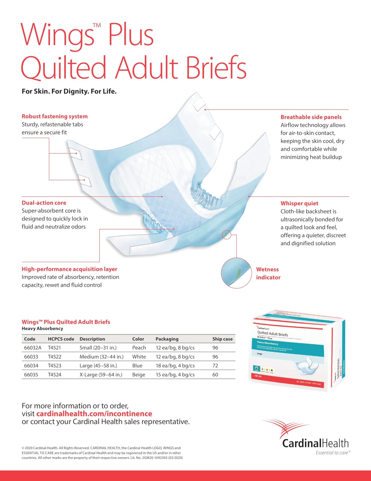 Cardinal Health 66034 Quilted Adult Briefs, Wings Plus, Heavy Absorbency, Large, Case of 4 Bags of 18