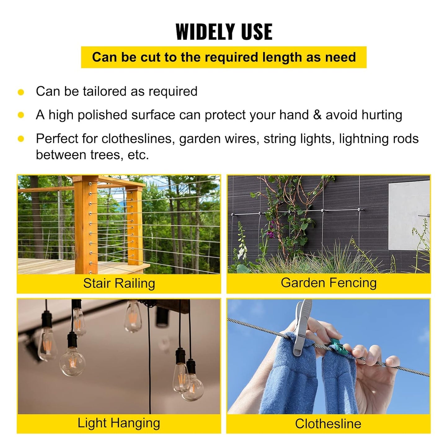 VEVOR 3/16 T304 Stainless Steel Cable 250FT, 3700 LBS Breaking Strength Cable Railing System Wire Rope Aircraft Deck Railing Kit Fence Wire