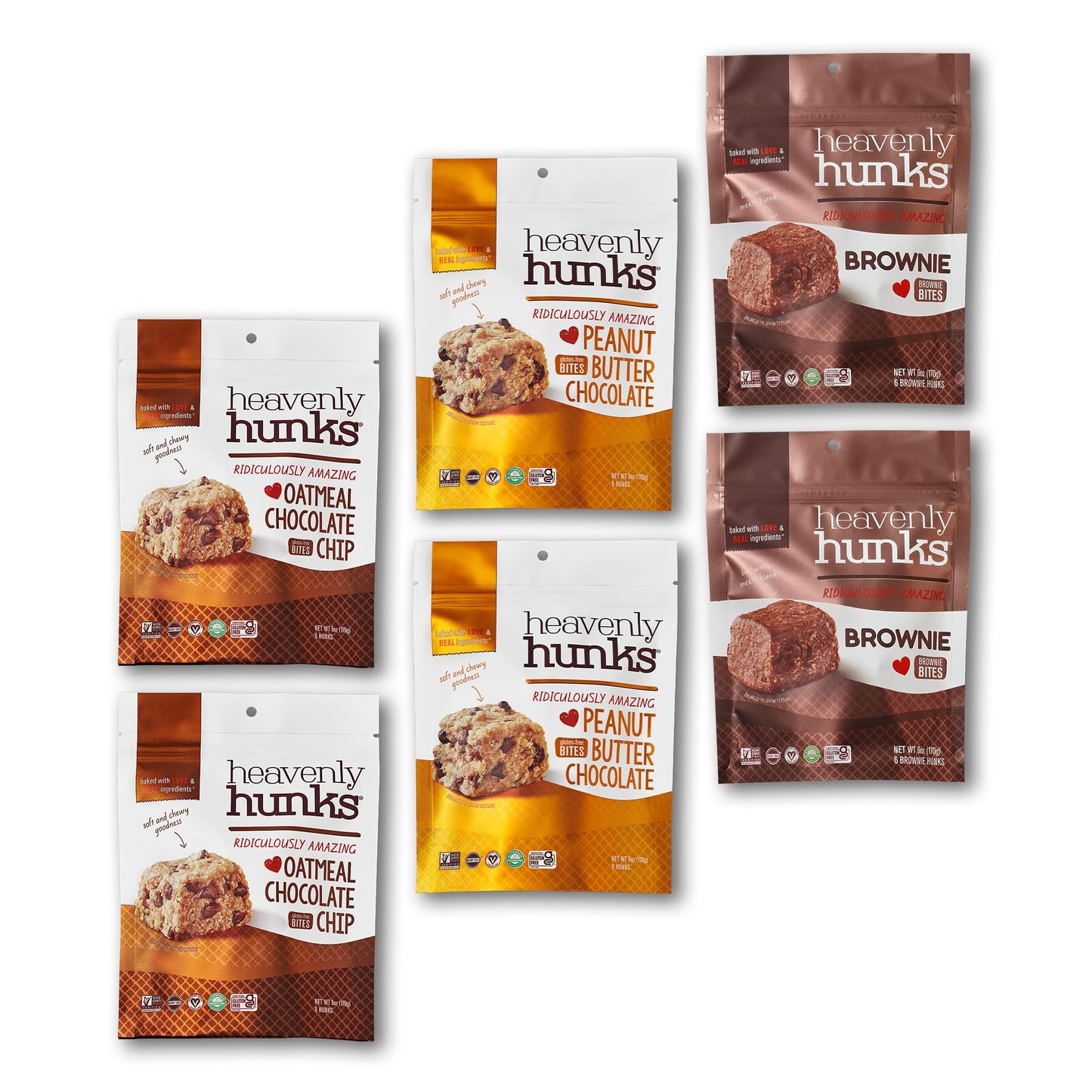 Heavenly Hunks Variety Gift Box 6oz Bags (6 Pack) - Oatmeal Chocolate Chip Peanut Butter Chocolate & Brownie Bites