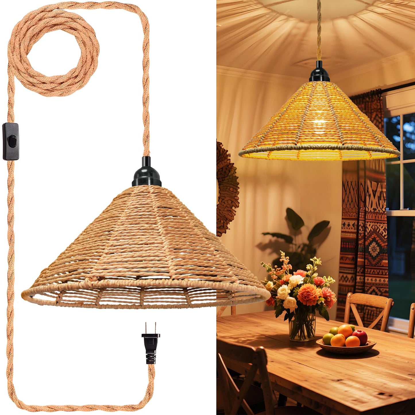 Hanging Lamps Rattan Pendant Light - 16.4Ft Plug In Cord Hanging Light Fixture Plug Into Wall Outlet Pendant Lighting With On Off Switch For Bedroom Living (Industrial Shade)