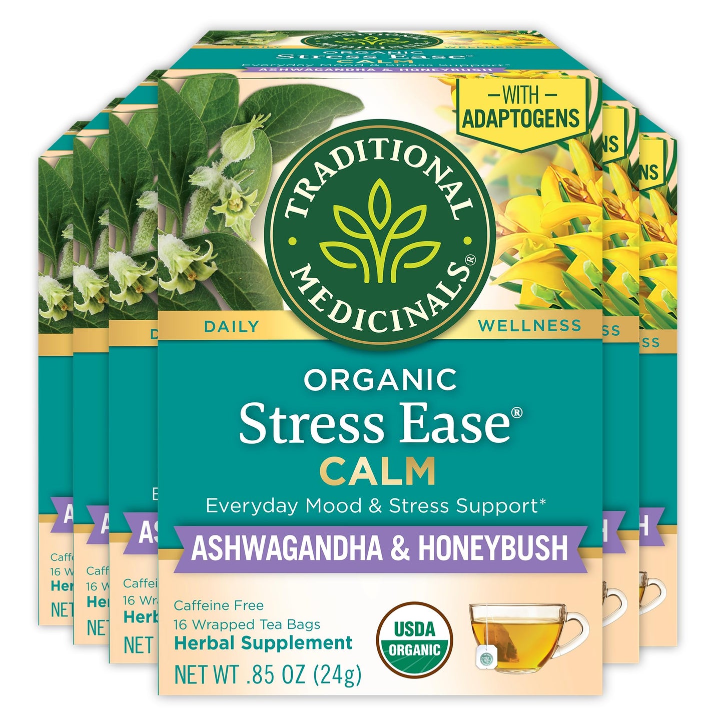 Traditional Medicinals Organic Stress Ease Calm with Adaptogens Ashwagandha & Honeybush - Promotes Relaxation - Kosher Non-GMO Caffeine-Free Compostable - 96 Tea Bags (6 Packs of 16)