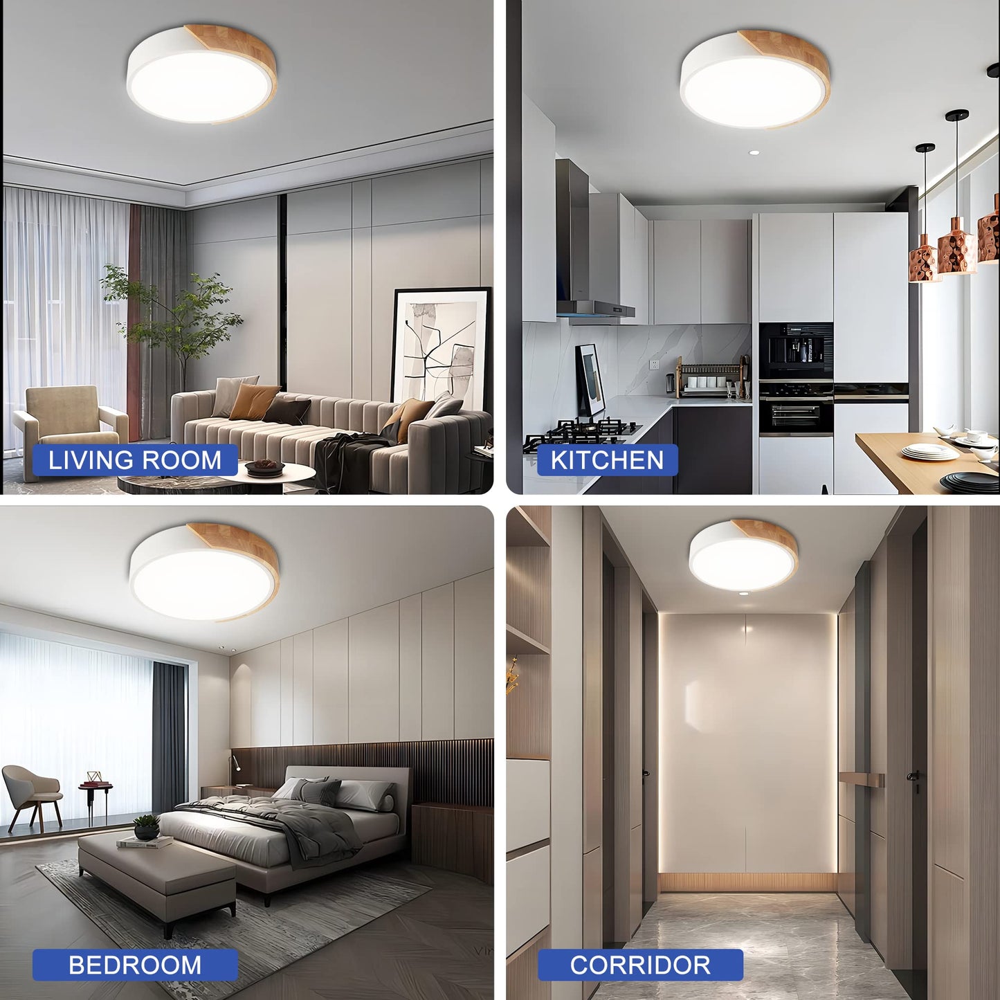 Flush Mount Ceiling Light 12 Inch Led Ceiling Light Fixture Matte White With Wood 4500K/24W(150W Equiv.) Not Dimmable Indoor Lighting Fixtures Ceiling For Bedroom And Hallway