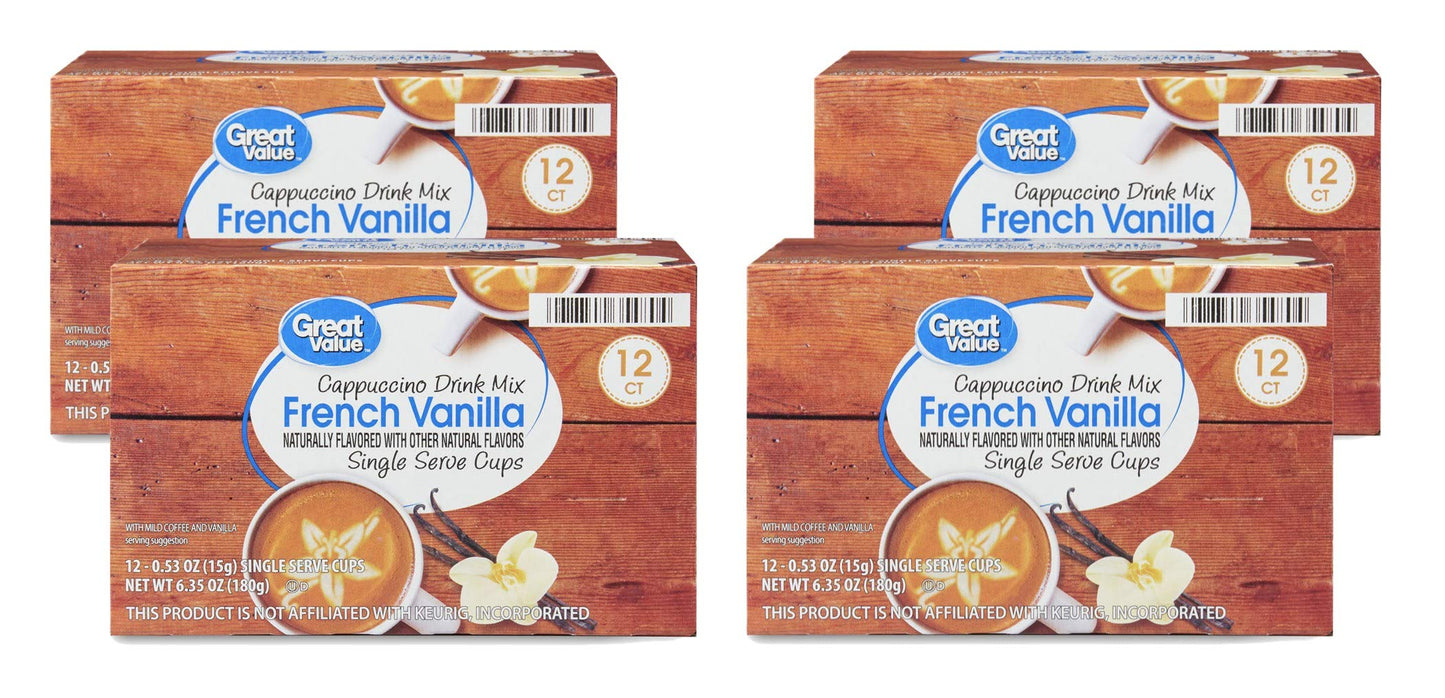Great Value Cappuccino Coffee and Hot Drink Single Serve Pods 12 Count (French Vanilla Cappuccino Pack of 4)