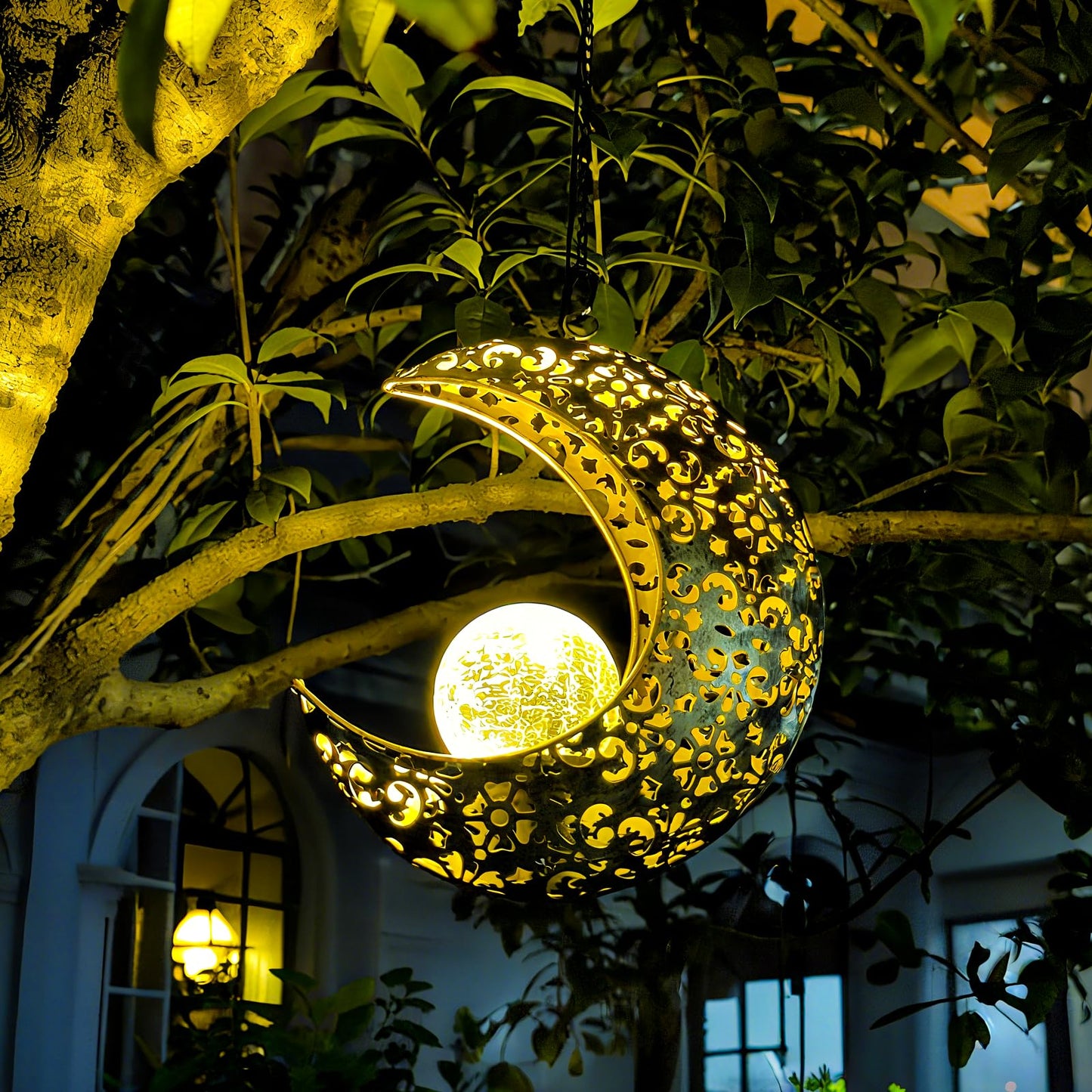 QCF Solar Garden Hanging Moon Lights Outdoor Decor,Metal Lanterns Art Decorations for Outside Yard Lawn Patio Wall Fences Drivew