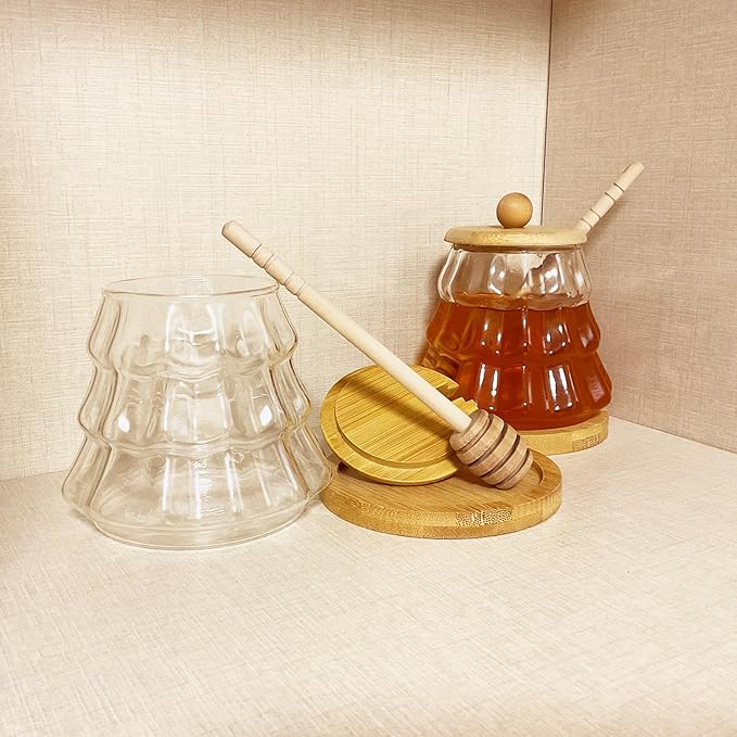 2Pcs Glass Honey Jar Set with Wooden Dipper ,12 OZ Honey Pot for Kitchen, Coffee Bar Decor, Home Organization, Gift for Her,Drizzle Control Design Honey Dispenser Jar for Jam, Jelly, Syrup