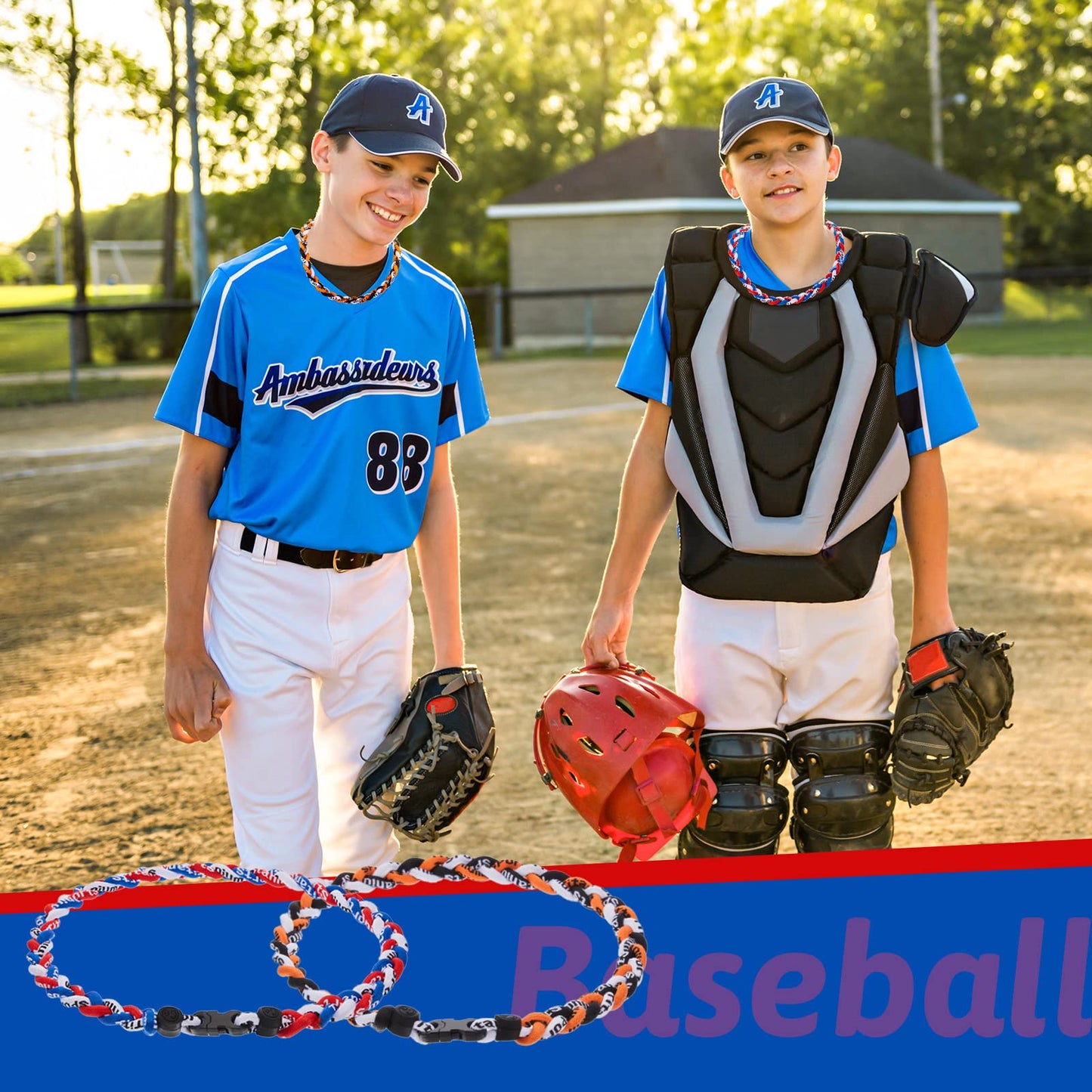 Junkin 3 Pcs Baseball Necklaces Three Braided Rope Titanium Necklace for Team Gifts Boys Men Player Softball Fans Sports (Retro
