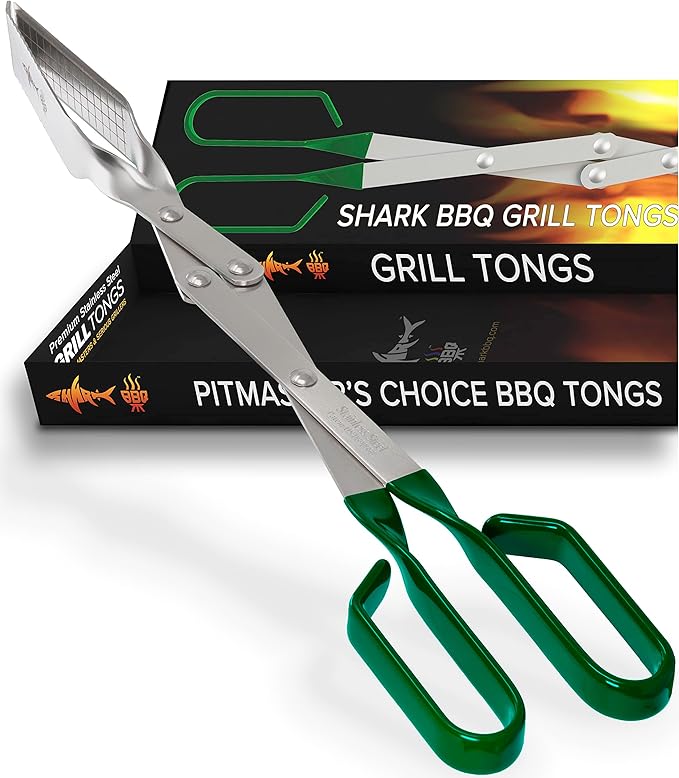Shark BBQ Grill Tongs - 17 inch (Green). Professional steak grilling utensil. Long-reach Barbeque Tong. Ideal for steak, fish, burger, and sausage