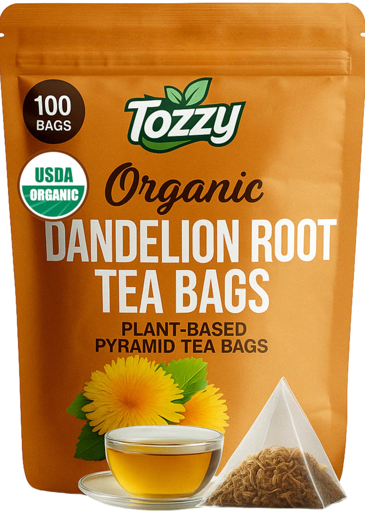 Tozzy Organic Dandelion Root Tea - 100 Count Plant-Based Pyramid Tea Bags