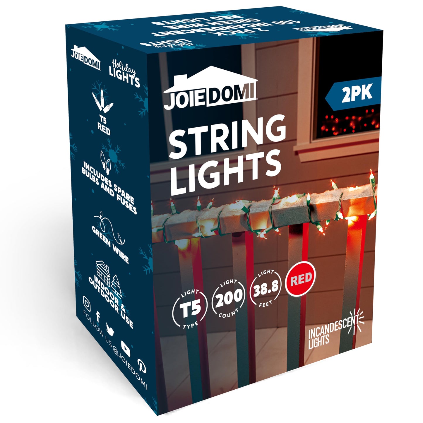 Joiedomi Outdoor Christmas Lights, 42.8Ft Red String Lights, 200 Count, Green Wire For Holiday Decorations
