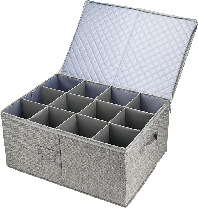 LotFancy Stemware Storage Container for Moving, Hard Shell, Wide Wine Glass Storage Box with Dividers & Handles, Stackable, Foldable Crystal Glassware Case, 21”x15.5”x10”, Grey