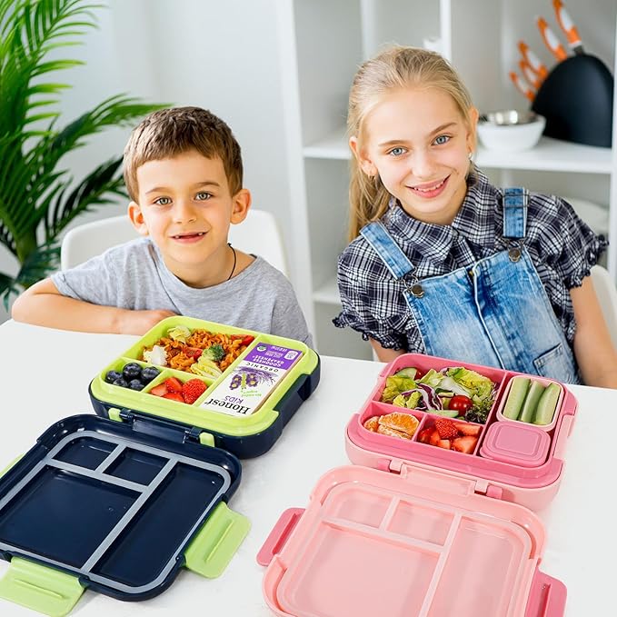 Caperci Bento Box for Kids - Leak-Proof Lunch Box Snack Container with 2 Modular Containers & 4-Compartment, Hold 4.8 Cups, Portable Handle, BPA-Free, Microwave/Dishwasher Safe (Dinosaur)