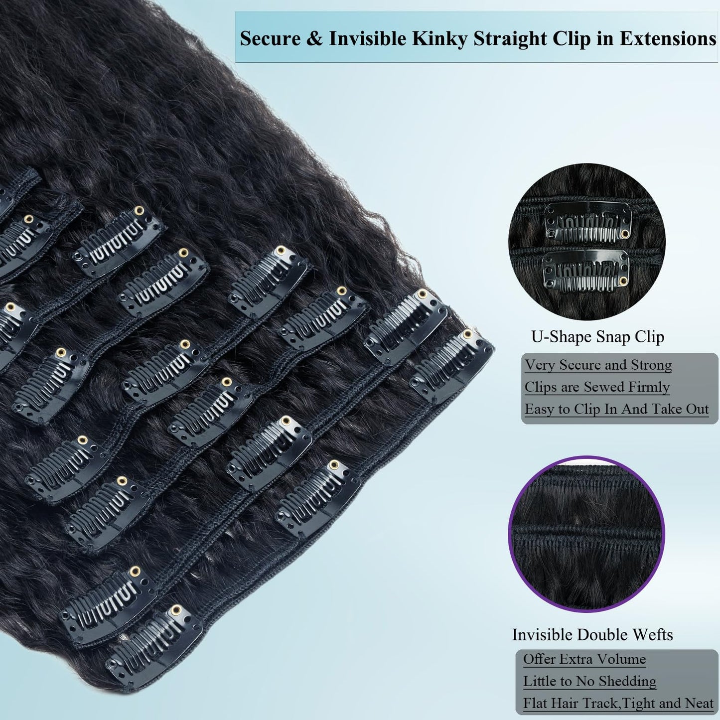 CiTake Jet Black Yaki Straight Clip in Hair Extensions Real Human Hair 20 Inch 100g/8pcs Double Weft 10A Brazilian Kinky Straigh