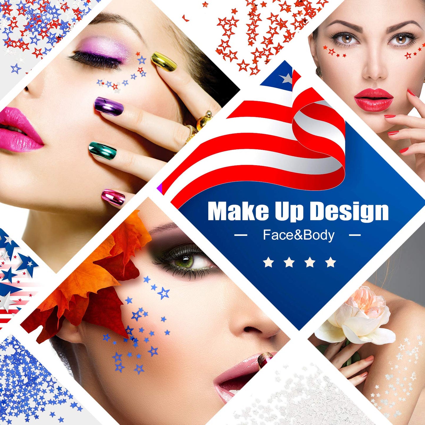 12 Boxes Independence Day Star Glitters Holographic Nail Art Decals Red Blue Silver Mixed Star and Hollow Star Shaped Nail Sequi