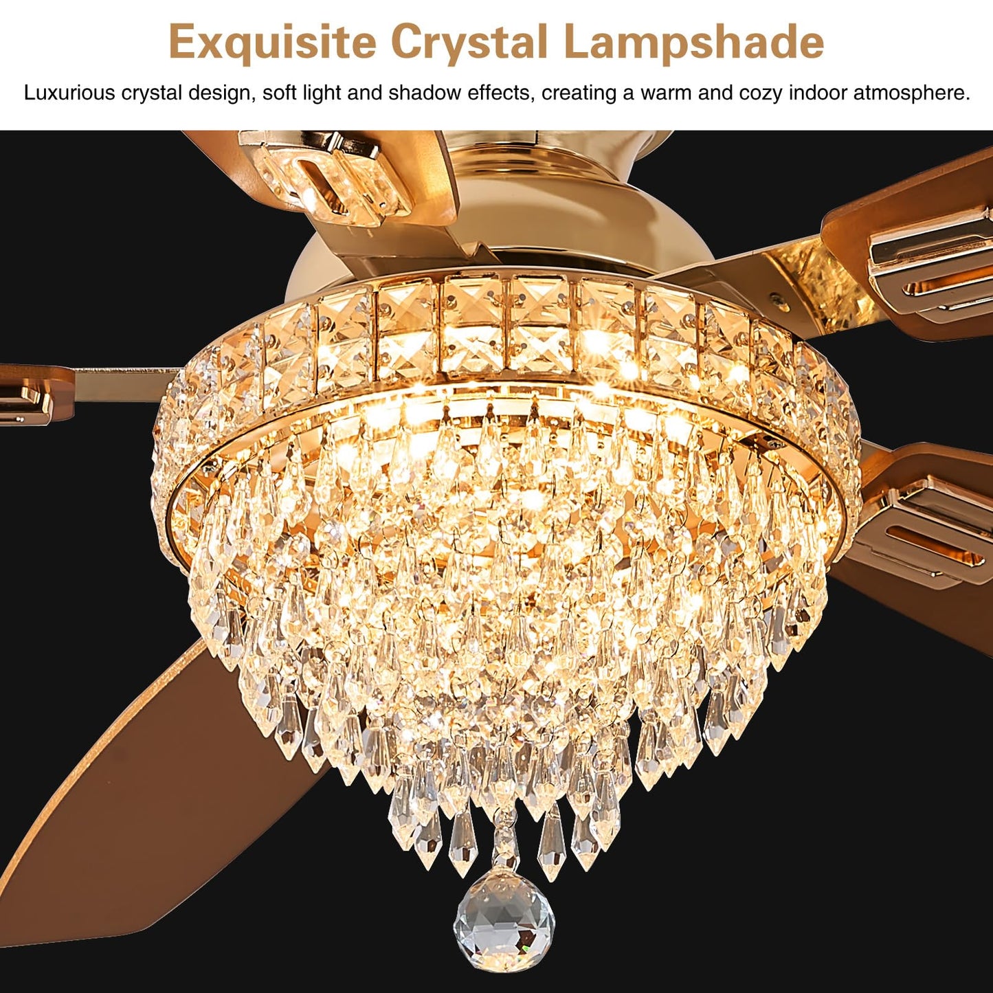 Fanyank Crystal Ceiling Fan Fandelier with Lights, 50in Flush Mount, Gold, Iron, Remote Control, Reversible, Dimmable, Noiseless