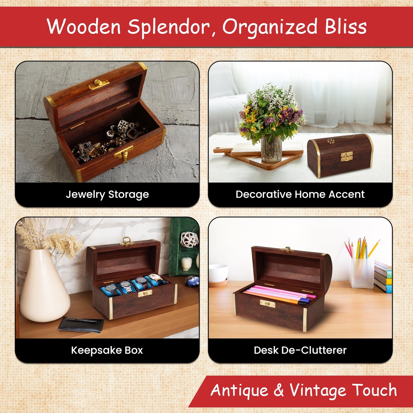 STORE INDYA Handmade Wooden Jewelry Chest Organizer Keepsake Box With Beautiful Brass Inlay (Pirate Collection- Treasure Chest)