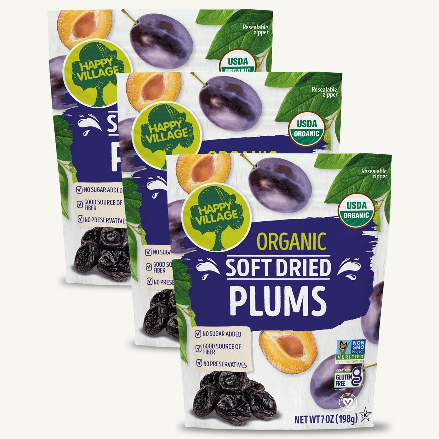 Happy Village Organic Soft Dried Plums 21 OZ (3 Packs of 7 OZ) - Soft & Juicy Prunes with No Refined Sugar Organic Non-GMO Kosher Gluten-Free