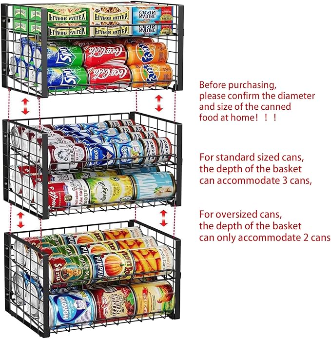 JKsmart 2-Tier Stackable Rack Organizer for Pantry, Adjustable Dispenser Holds Up to 90 Cans, Storage Holder for Various Ounces of Canned Drinks, Black, 3 Pack