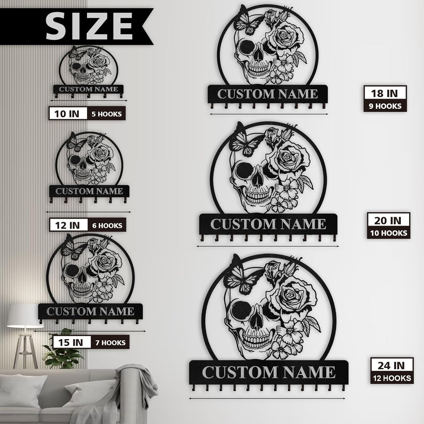 Personalized Key Holder for Wall - Coat Rack Wall Mount with Skeleton & Rose Flower Design, Metal Key Organizer with Hooks, Skull Wall Decor for Bedroom Living Room Entryway, Personalized Gift