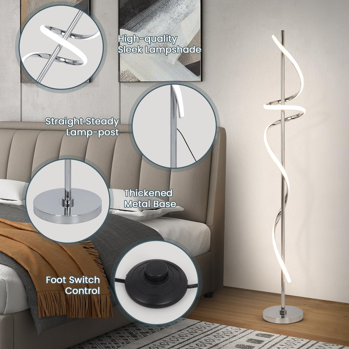 EIDISUNY Modern Floor Lamp, Dimmable LED, 60in, Aluminum, Chrome, 3 Color Temperatures, Model FL-YLC002SR