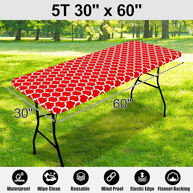 Smiry Rectangle Picnic Table Cover, Waterproof Elastic Fitted Camping Tablecloths for 5 Foot Tables, Wipeable Flannel Backed Vinyl Tablecloth Protector for Indoor, Outdoor (Red, 30x60 Inches)