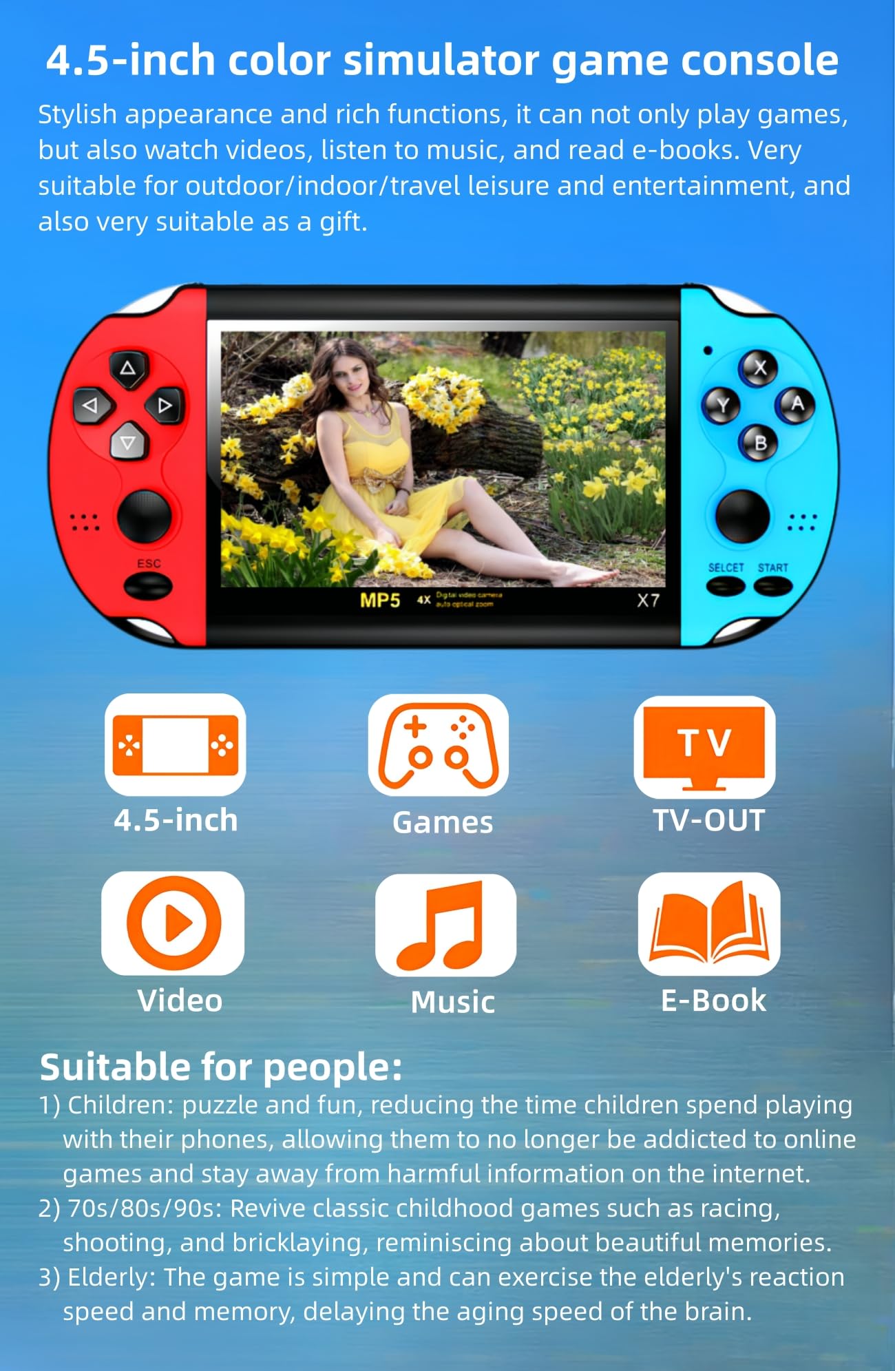 TAQY 4.5 Inch Retro Game Console Multiple Simulators Built-in Free 3000 Games Support Video/Music Portable Children's Puzzle Device/Toys Electronic Game Kid's Travel Companion