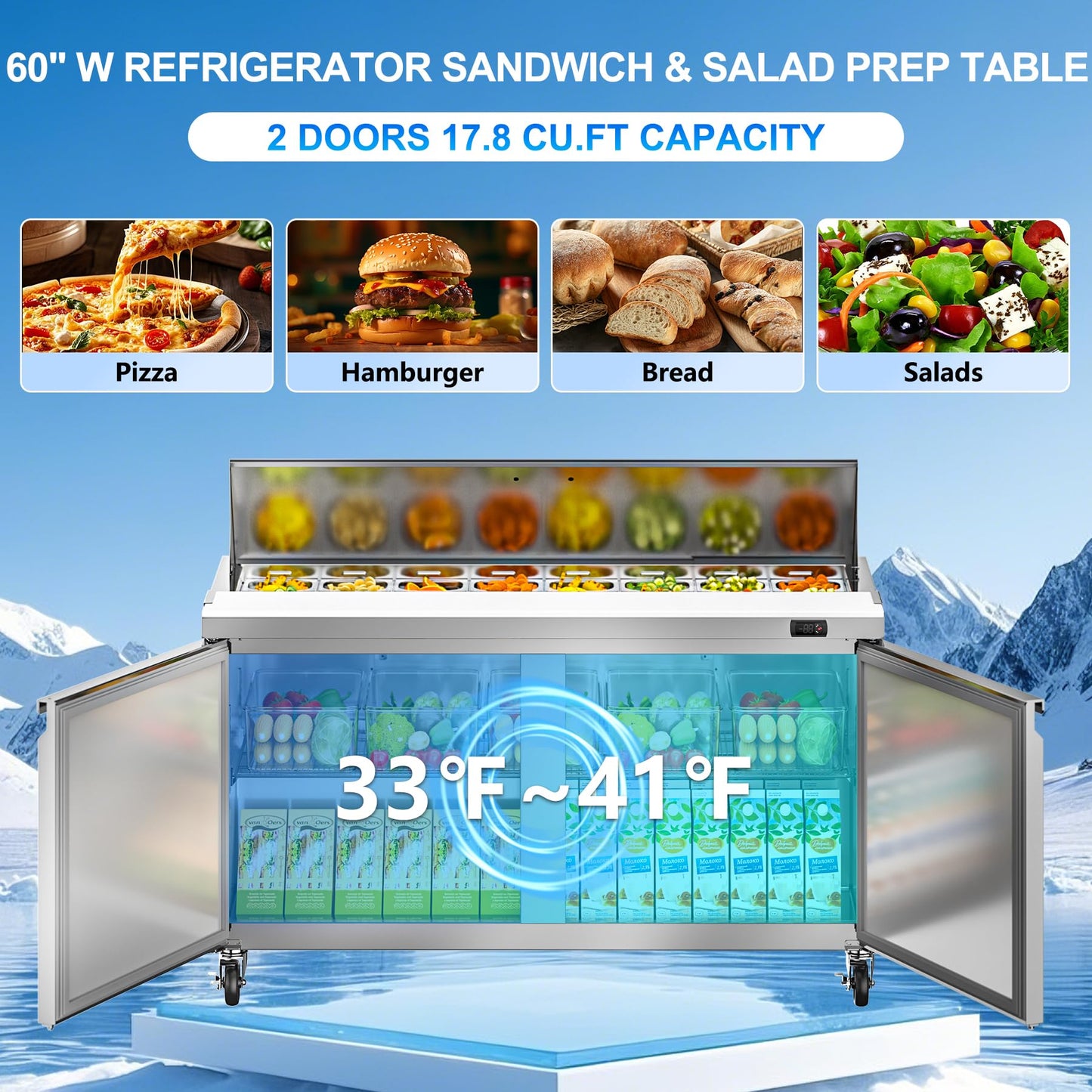 Rockitch 60" W Commercial Refrigerator Sandwich Salad Prep Table, 17.8 Cu.ft 2 Door Commercial Stainless Steel Food Prep Fridge with 16 Pans, Salad Prep Station for Restaurant, Bar, Shop, etc.