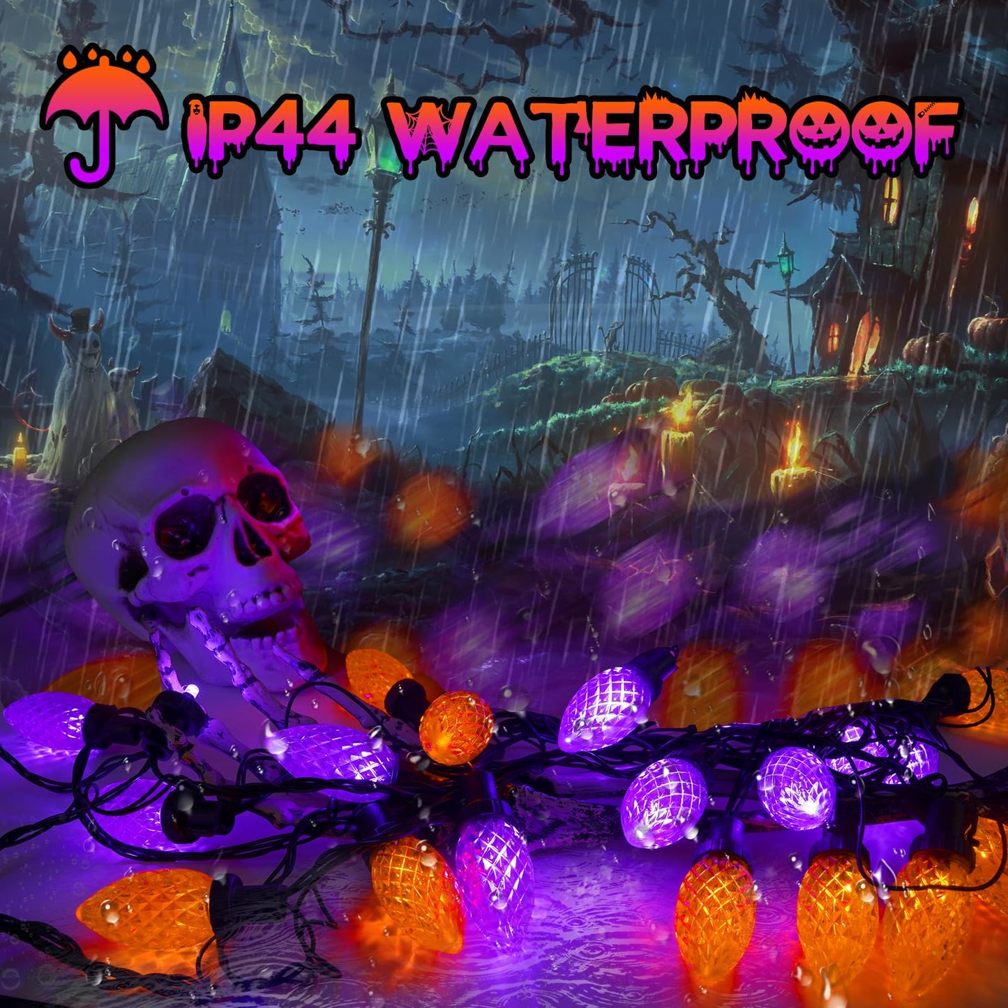 LORRYTE 2PK C9 Halloween Lights 100 LED Purple and Orange, 98FT Extendable String Lights with 13 Modes & Timer, Waterproof