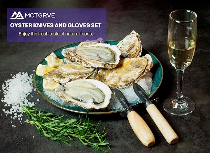 Oyster Shucking Knife and Glove Set - Oyster Shucker Kit with 2pcs Knife, 1pair Level5 Protection Gloves, 1pc Kitchen Cloth - Seafood Opener Tools in Storage Bag (Black) - Great Gifts