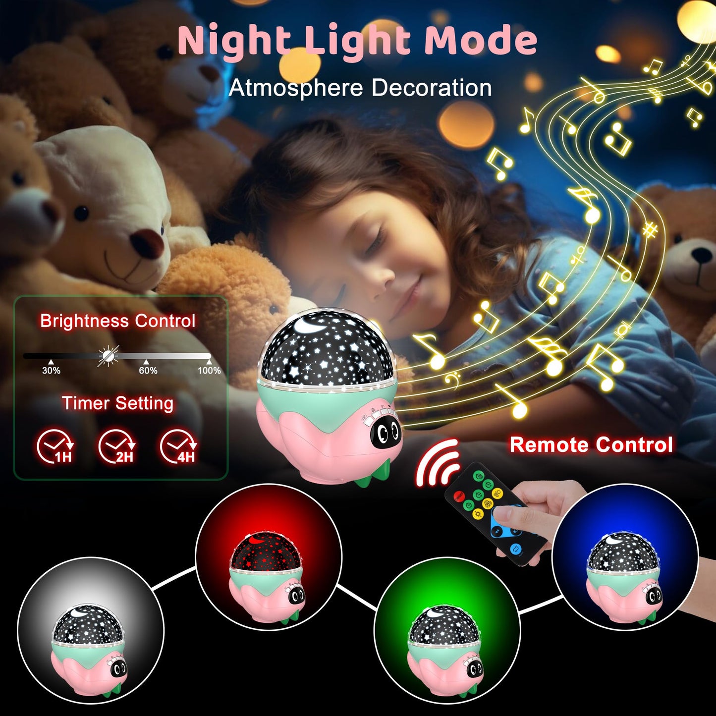 MOKOQI Dinosaur Night Light Projector, Remote Control, 10 Soothing Music, High Brightness, Pink2-Dino, Model 012-2309