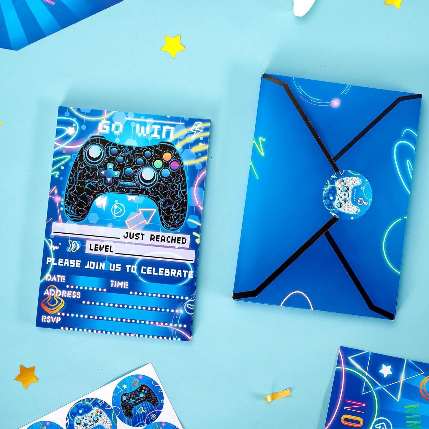 WERNNSAI Video Game Party Invitation - 24 Set Fill-in Blue Gaming Birthday Invitation Cards with Envelopes Sticker for Boys Kids Double-Sided Printed Game On Invitations for Celebration Party Supplies