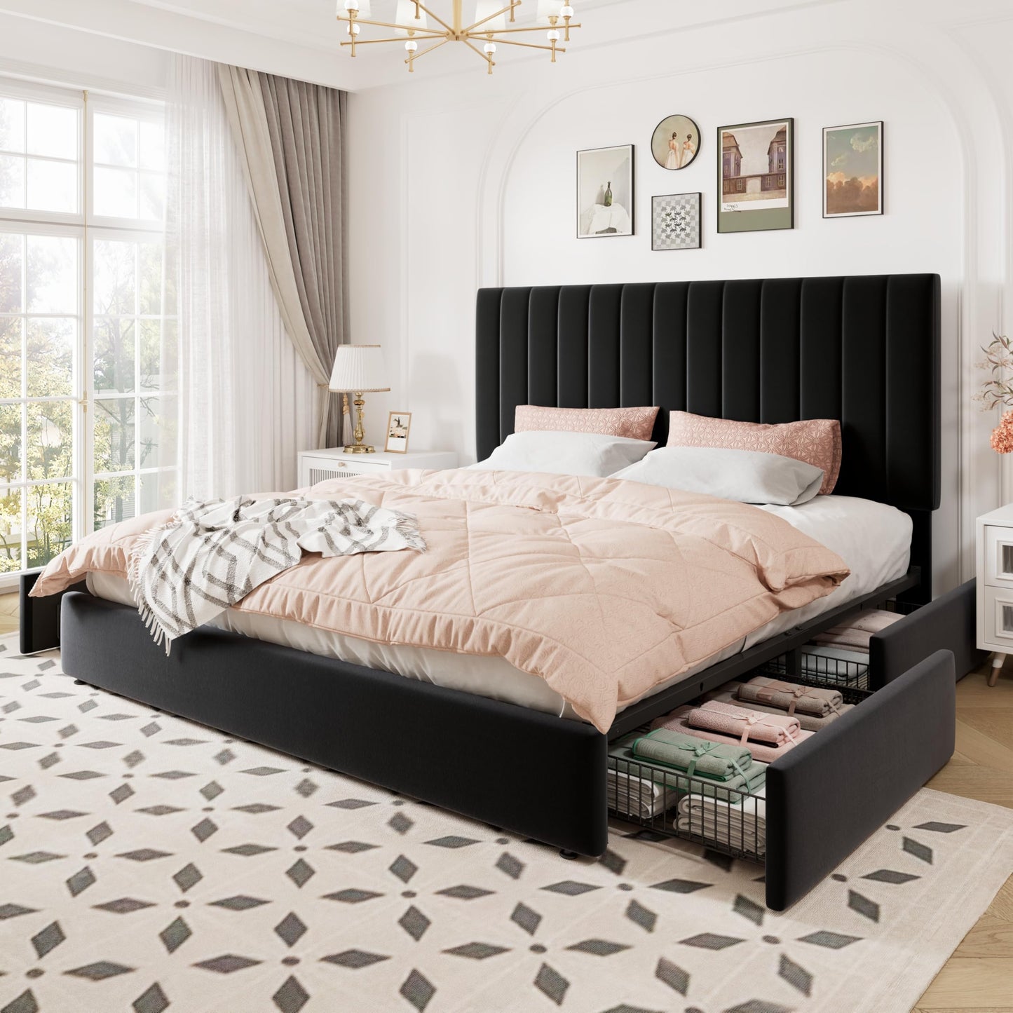 Allewie King Size Storage Bed Frame, Vertical Channel Tufted Adjustable Headboard, Velvet Upholstered Platform Bed with 4 Oversized Underbed Drawers, Wooden Slats Support, No Box Spring Needed, Black