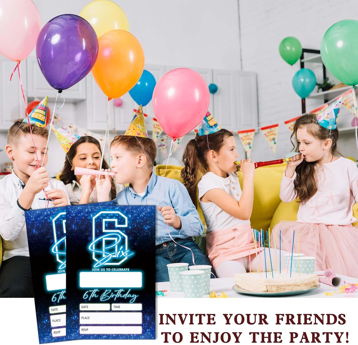 SIXEIGHT Blue 6th Birthday Party Invitations for Boys, Glow Neon Birthday Invitations, 20 Double Sided Invite Cards with Envelopes for Kids Girls, Party Decorations Supplies, 4"x6"-C06