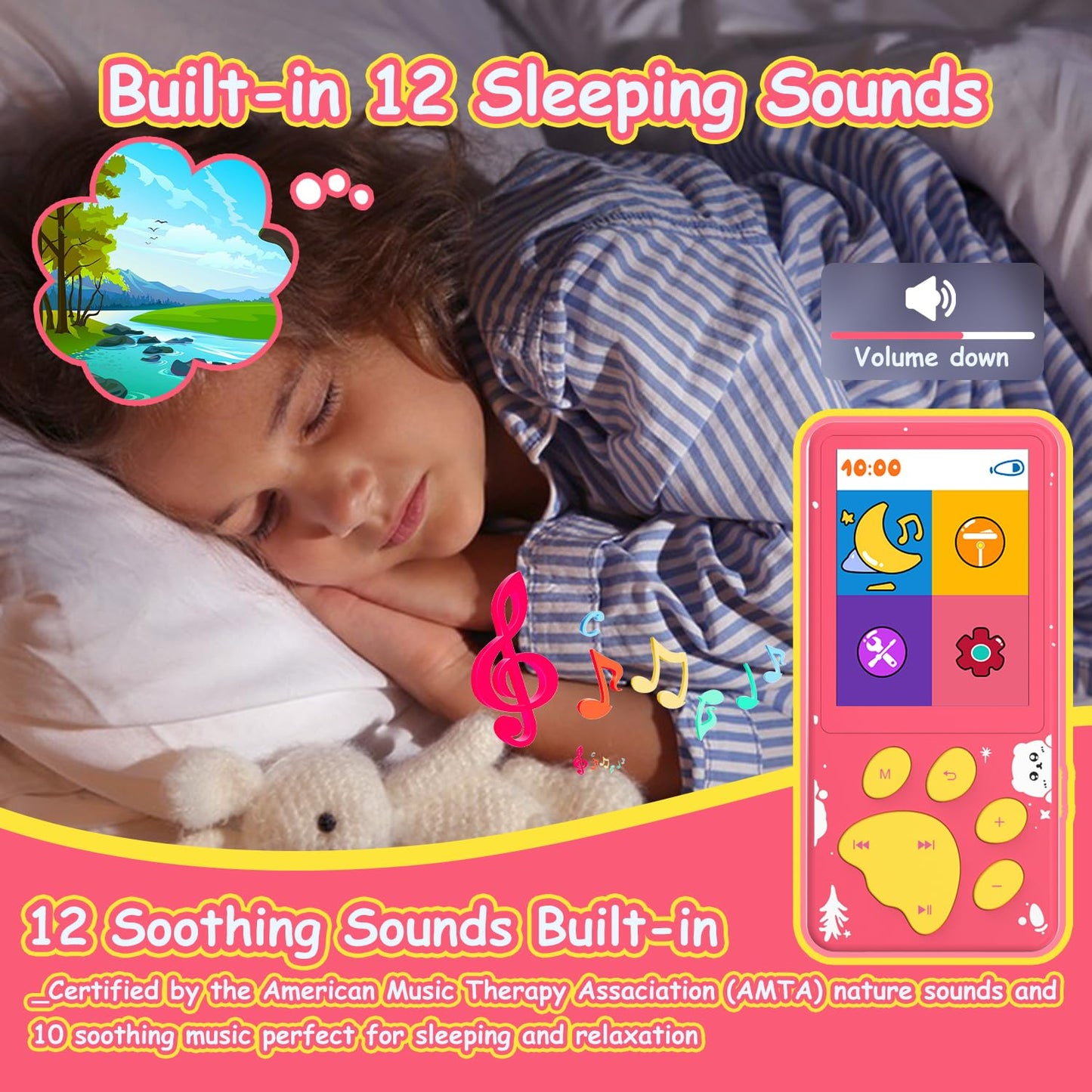 Mp3 Player For Kids,32Gb Pink Kids Mp3 Player With Bluetooth,Speaker, 2.4 Inch Color Screen,Soothing Sound,Flashlight,Games,Voic