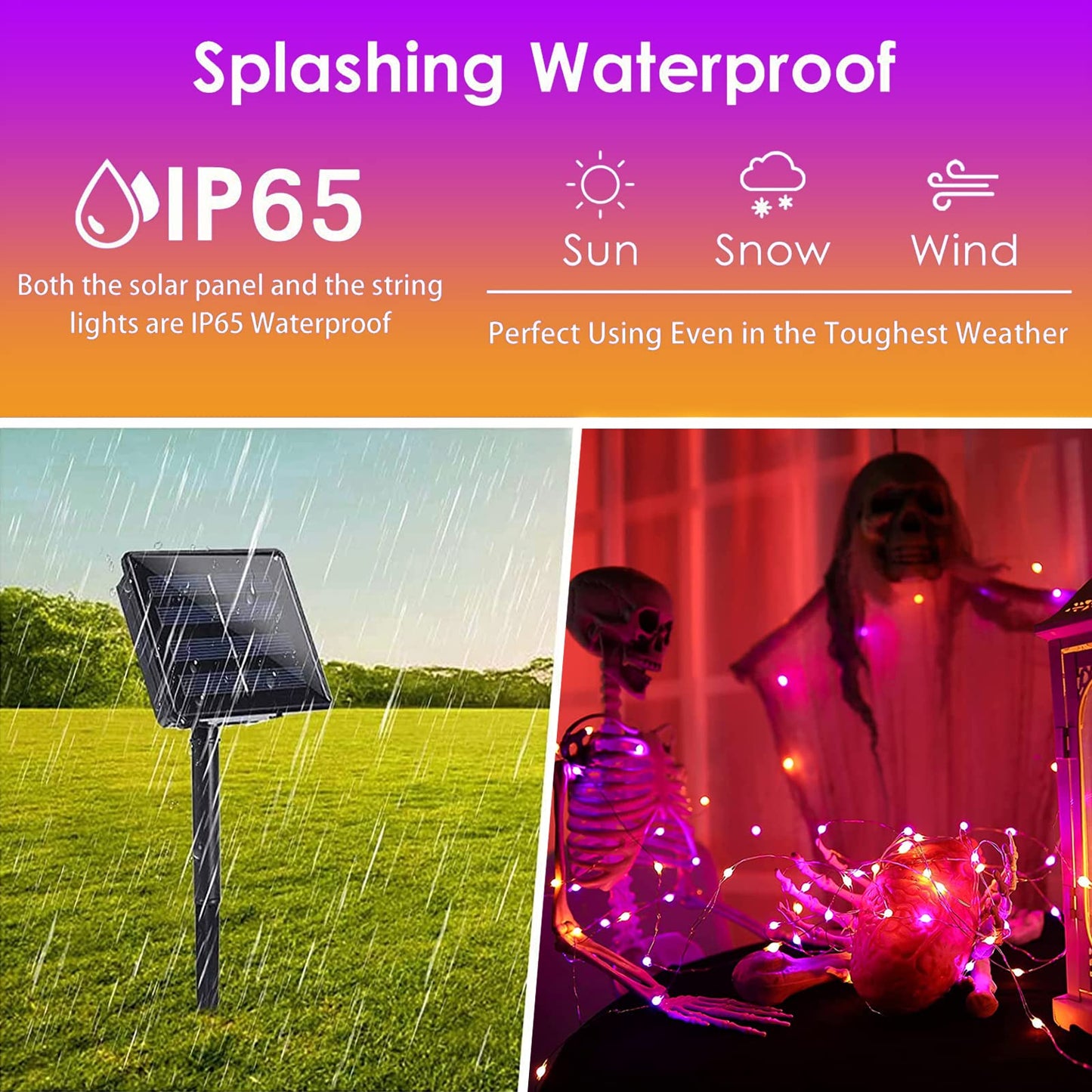 BHCLIGHT Solar String Lights, 200LED, 80FT, Waterproof, Purple & Orange, 8 Modes, Halloween 2 Pack