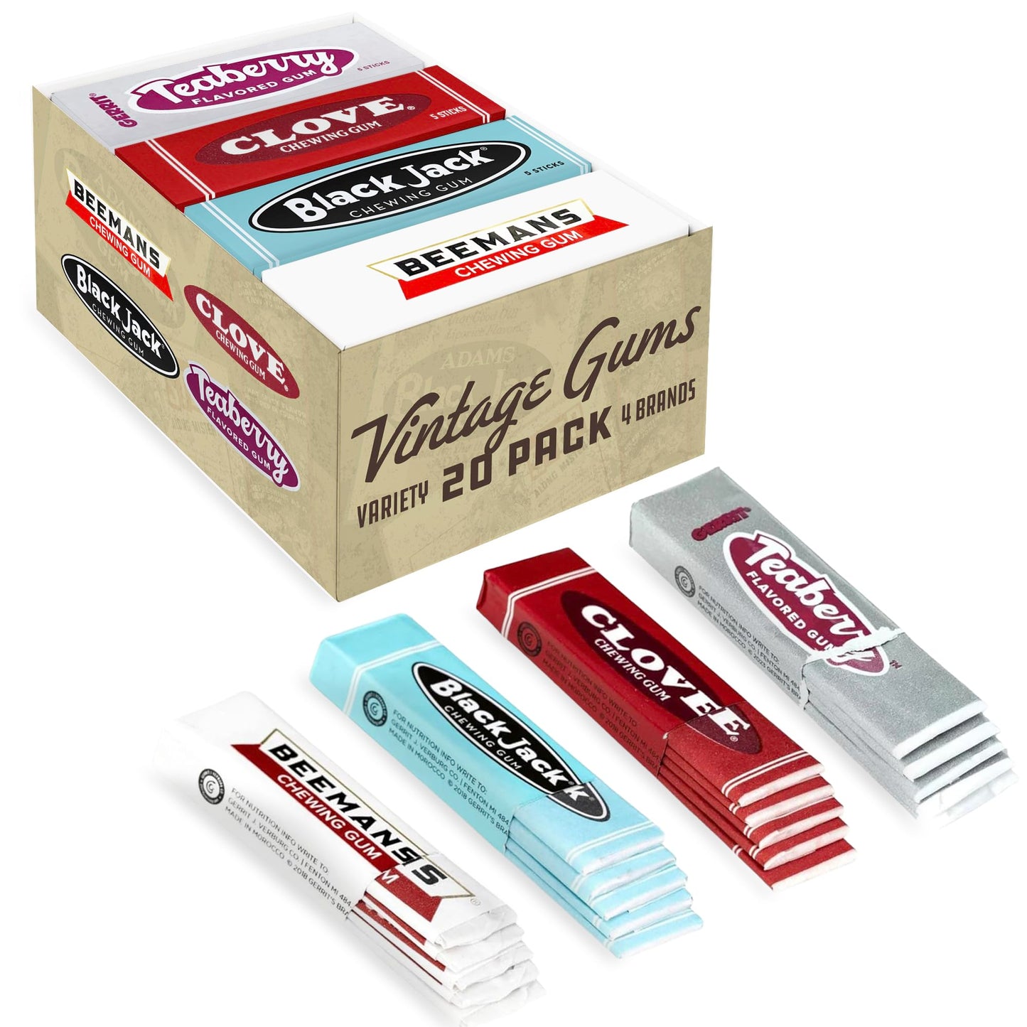 Gerrits 20 Count Variety Gum Pack - Clove Beemans Teaberry & Black Jack Nostalgic Chewing Gum Bulk Pack Old-Fashioned Candy 4 Flavors Old School Candy