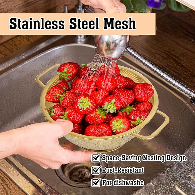 3 Pcs Stainless Steel Gold Colander and 3 Pcs Fine Mesh Strainer Set,1/3/5 Quart Metal Mesh Basket with Handles for Kitchen, Draining Pasta, Rinsing Fruit, and Cooking (Gold)