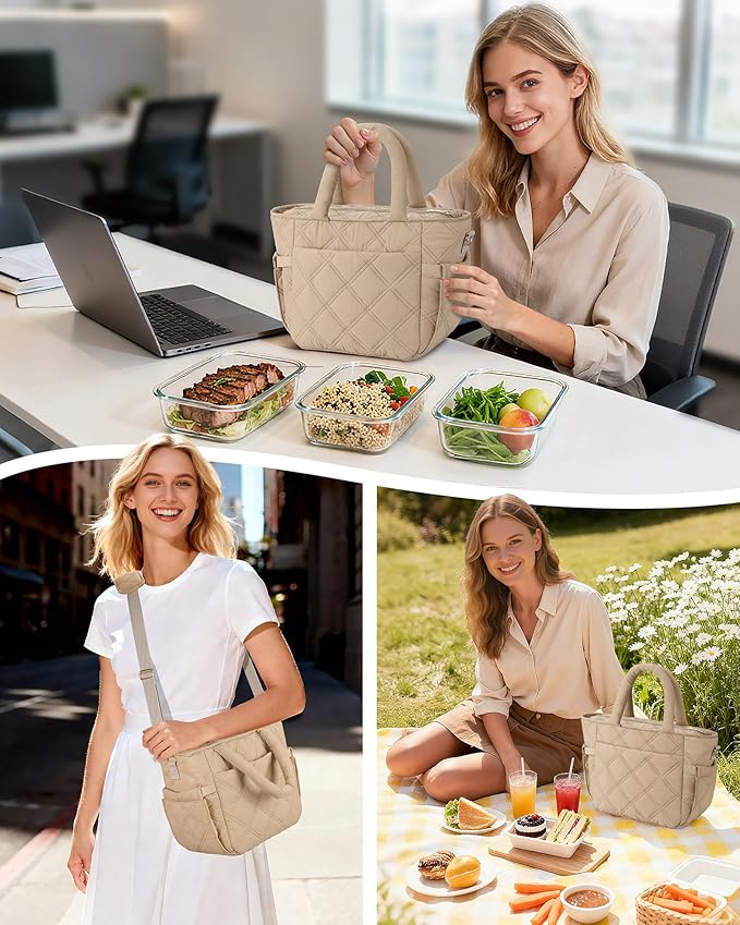 Insulated Lunch Box for Women Men, Soft & Puffy Lunch Bag, Large Capacity Leakproof Reusable Tote Cooler Bag with 4 Pockets, Adjustable Strap, Ideal for Work, Outdoors, Picnic, Travel (Khaki)