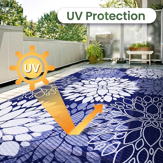 LuxStep Outdoor Rug Waterproof Outdoor Plastic Straw Rug Reversible Patio Rug Mat Outdoor Decor Large Area Mats for RV, Picnic, Backyard, Deck, Balcony, Porch, Beach, Camping, 6'x 9',Blue