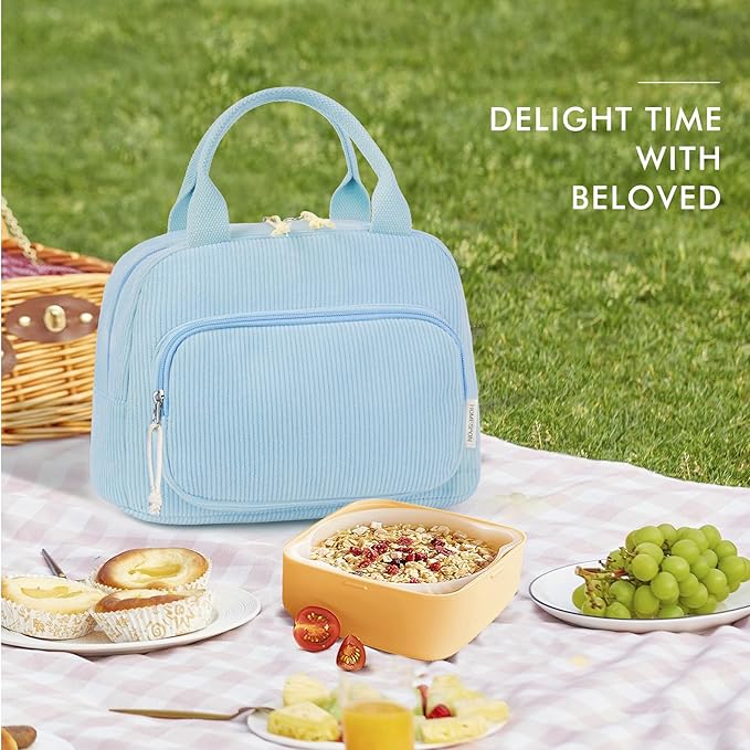 HOMESPON Lunch Bag for Women Men Adults with Front Pocket Cute Corduroy Insulated Lunch Tote Large Capacity Lunch Box Cooler Container for Work Picnic or Travel (Light Blue)