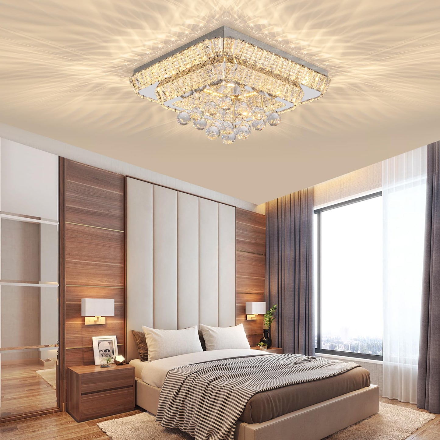 REDSTAR 18in Crystal Ceiling Light Flush Mount, Remote Control, 3 Color Temp, K9 Crystal, Stainless Steel, Silver, Model A228-18in-1