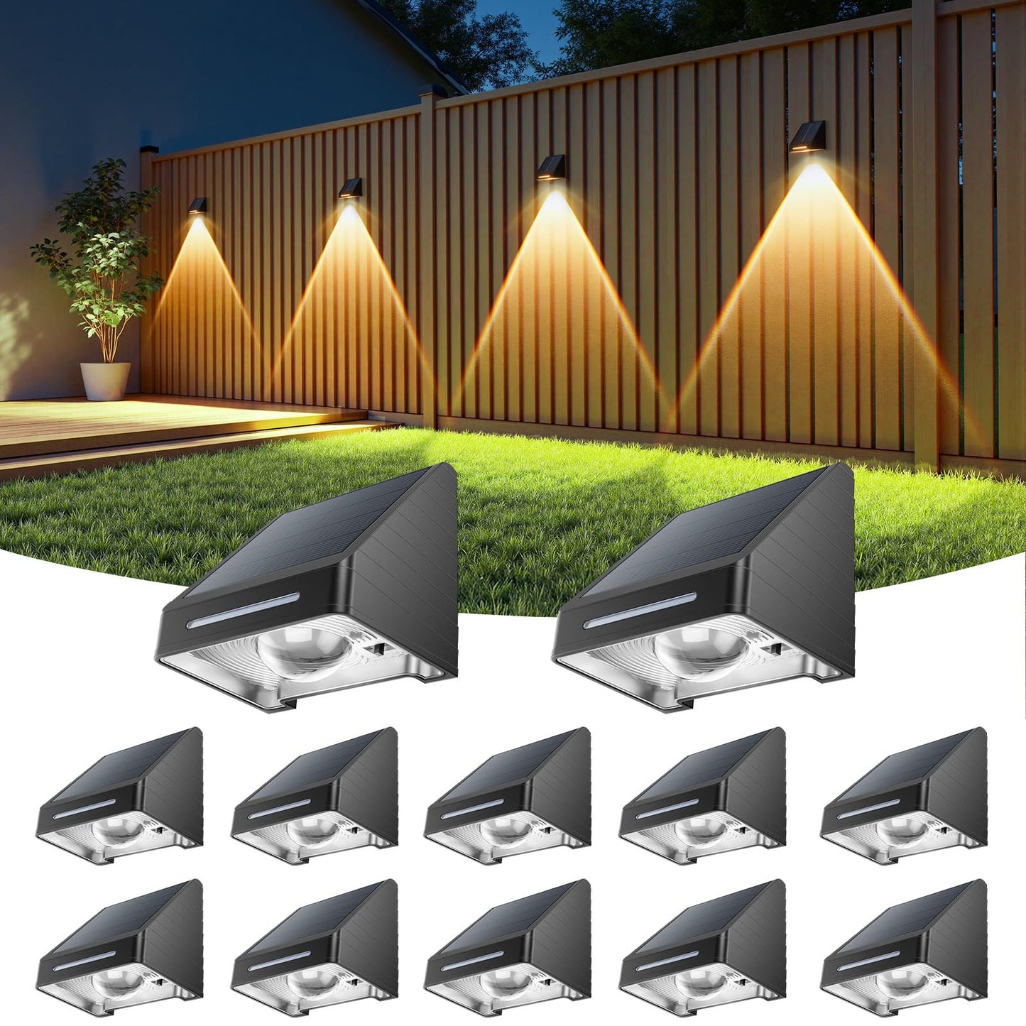 LETMY Solar Fence Lights Outdoor 12 Pack - Brighter Focused Lens, Cold White & Warm Light Fence Solar Lights Outdoor Waterproof,