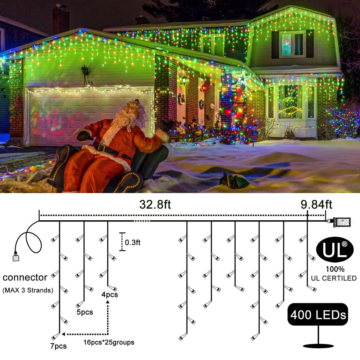 Einiiya Icicle Lights, 400 LED, 33ft, Red & Green, 8 Modes, Waterproof, Outdoor Plug-in Christmas Decorations, Model BG-CL3M3-306L