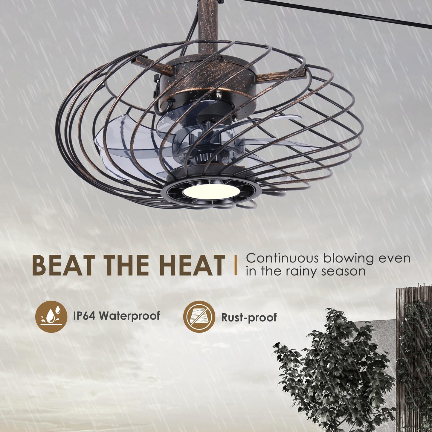 OSGNER 15in Outdoor Ceiling Fan with Light, Waterproof, Remote Control, Dimmable LED, Black Gold, Model F429-SG