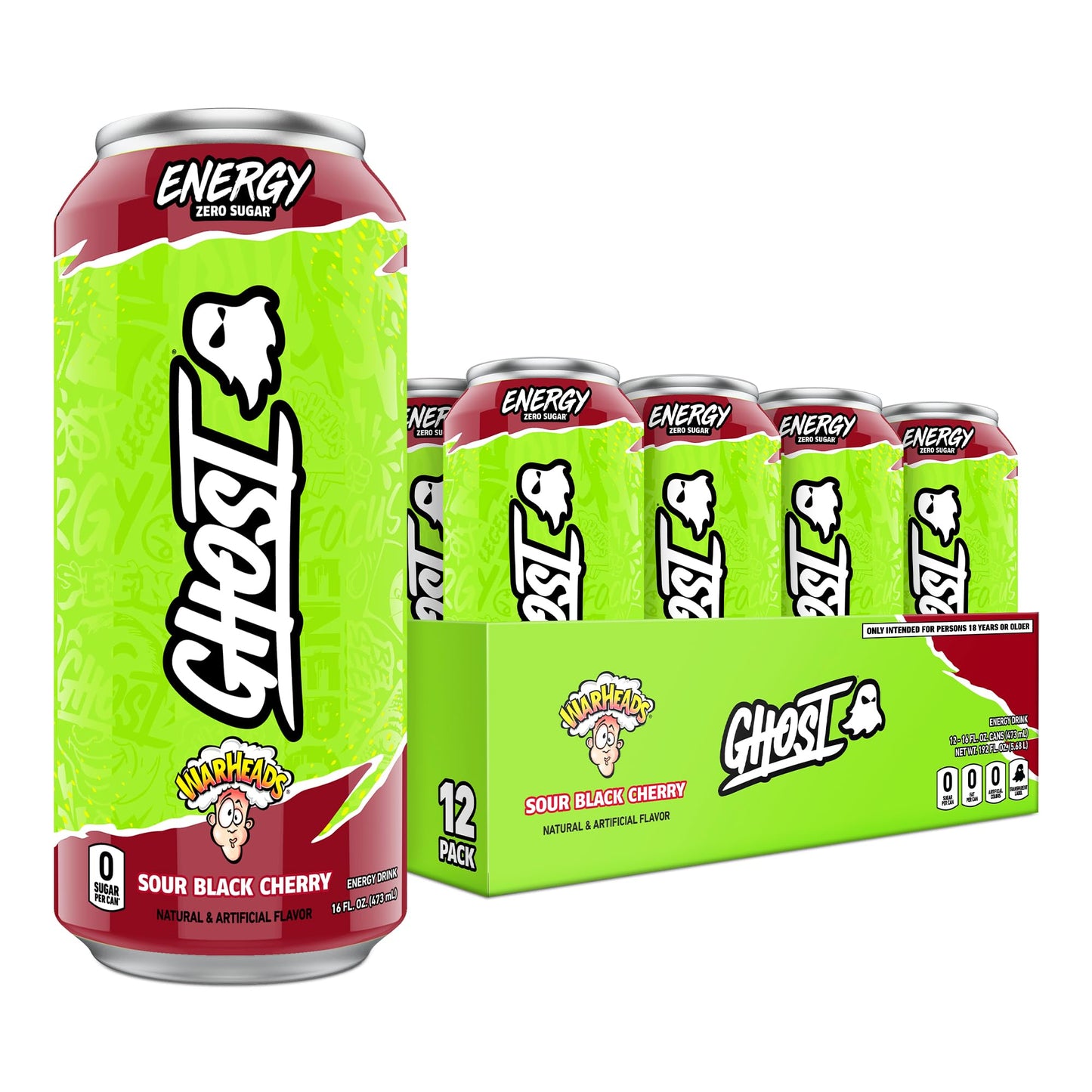 GHOST Energy Drink - 12-Pack Warheads Sour Black Cherry 16oz - Energy & Focus & No Artificial Colors - 200mg of Natural Caffeine L-Carnitine & Taurine - Gluten-Free & Vegan